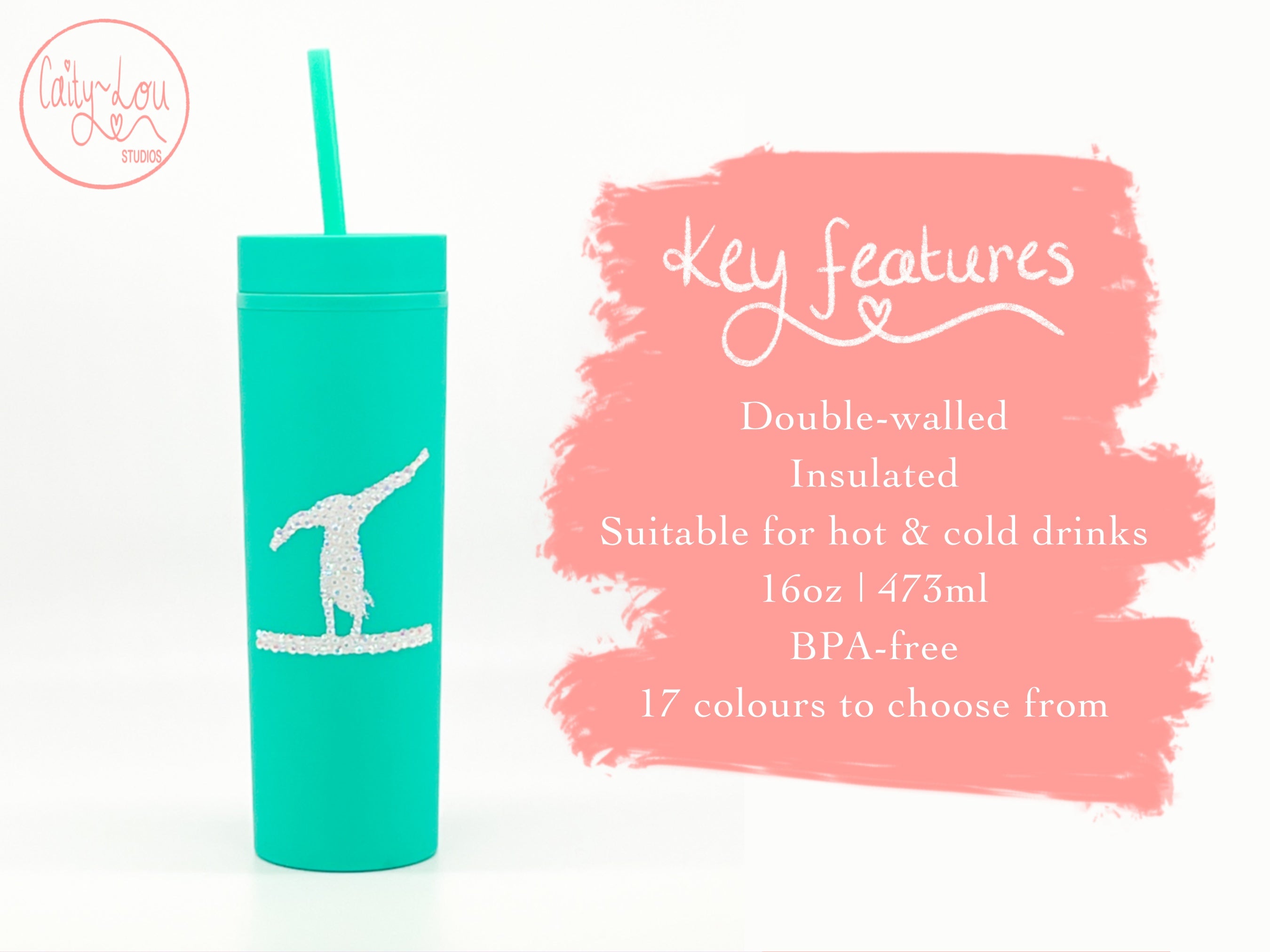 Personalised Gymnastics Rhinestone Tumbler with Straw | Beam Flic