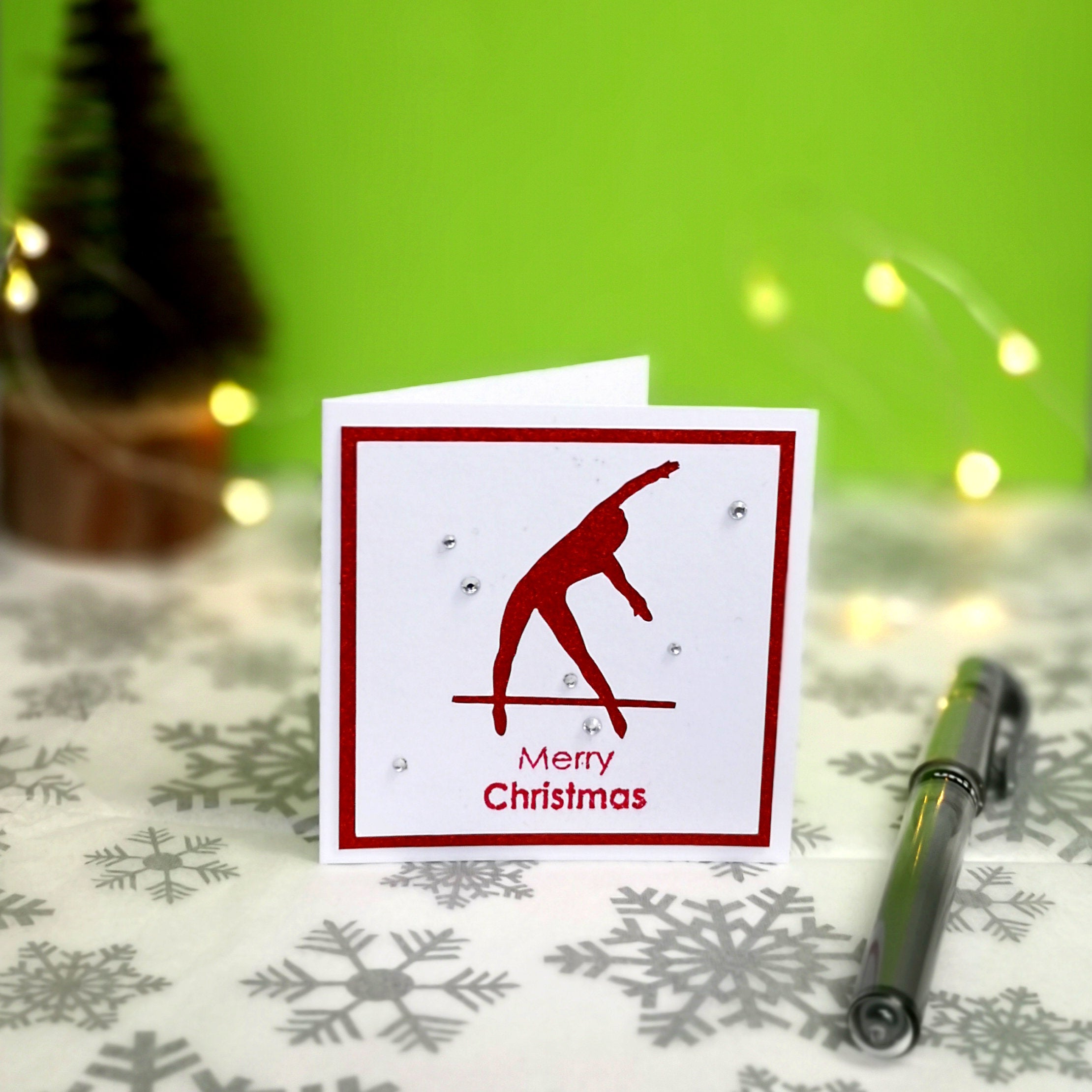 12 Handmade Gymnastics Mini Christmas Cards & Envelopes | 4 colours 3 of each | Women's Artistic | Asymmetric A-Bars | Uneven Bar | Tkatchev