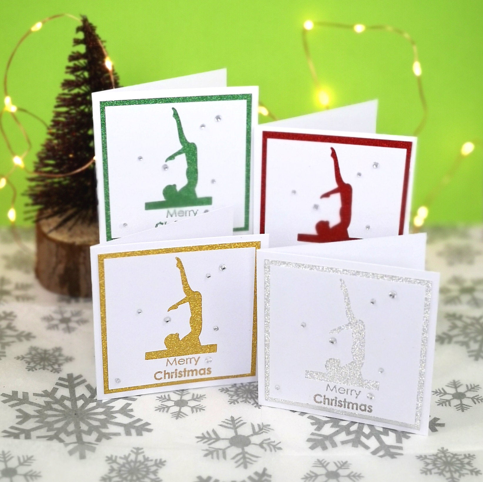 12 Handmade Gymnastics Mini Christmas Cards & Envelopes | 4 colours, 3 of each | Women's Artistic | Balance Beam