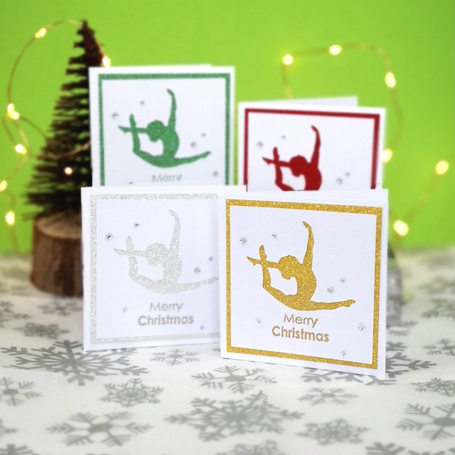 12 Handmade Gymnastics Mini Christmas Cards & Envelopes | 4 colours, 3 of each | Women's Artistic | Ring Leap | Floor Exercise | Dance