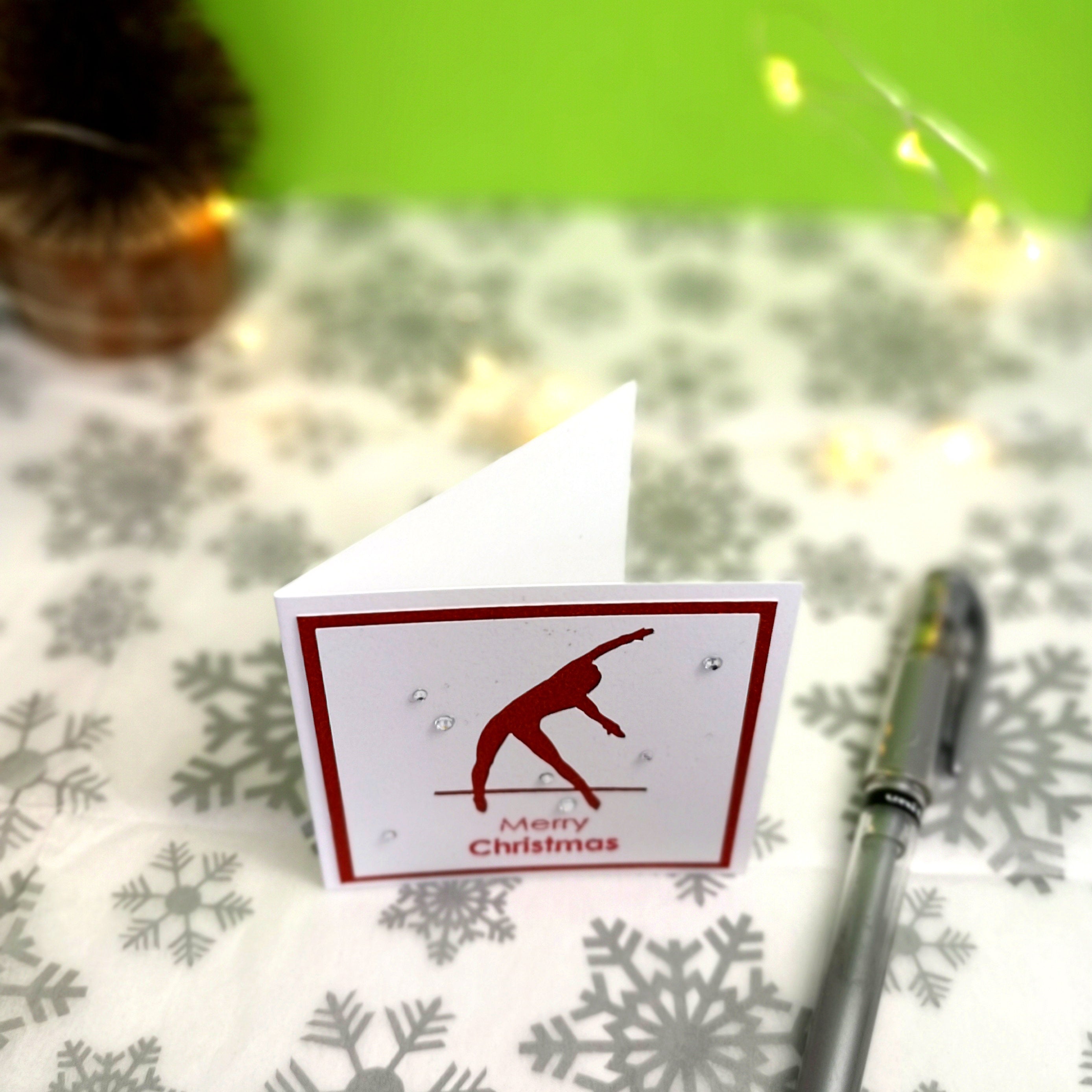 12 Handmade Gymnastics Mini Christmas Cards & Envelopes | 4 colours 3 of each | Women's Artistic | Asymmetric A-Bars | Uneven Bar | Tkatchev