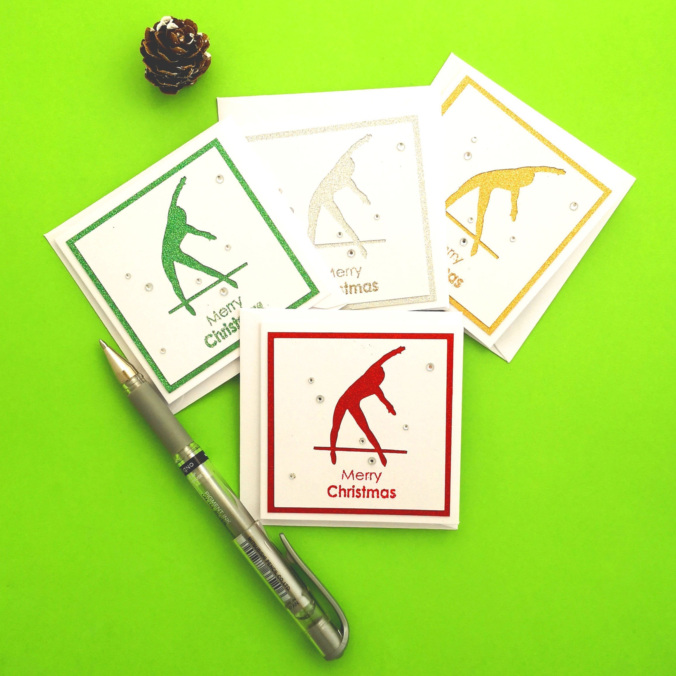 12 Handmade Gymnastics Mini Christmas Cards & Envelopes | 4 colours 3 of each | Women's Artistic | Asymmetric A-Bars | Uneven Bar | Tkatchev