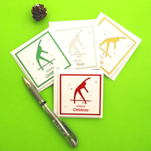 12 Handmade Gymnastics Mini Christmas Cards & Envelopes | 4 colours 3 of each | Women's Artistic | Asymmetric A-Bars | Uneven Bar | Tkatchev