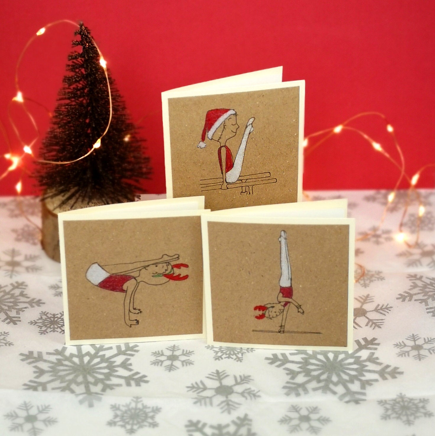 12 Handmade Gymnastics Kraft Mini Christmas Cards & Envelopes | 3 Designs | Men's Artistic