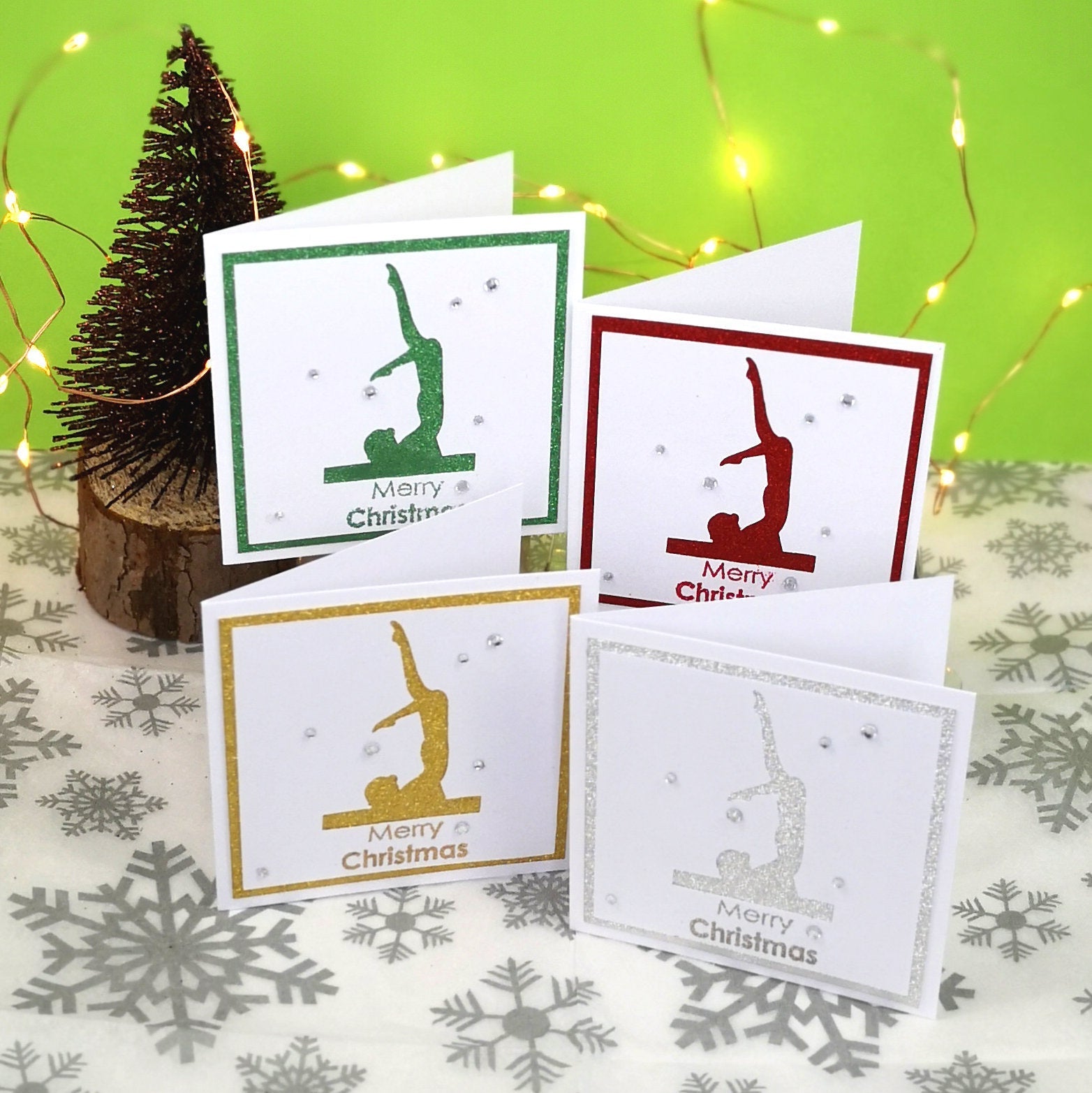 12 Handmade Gymnastics Mini Christmas Cards & Envelopes | 4 colours, 3 of each | Women's Artistic | Balance Beam